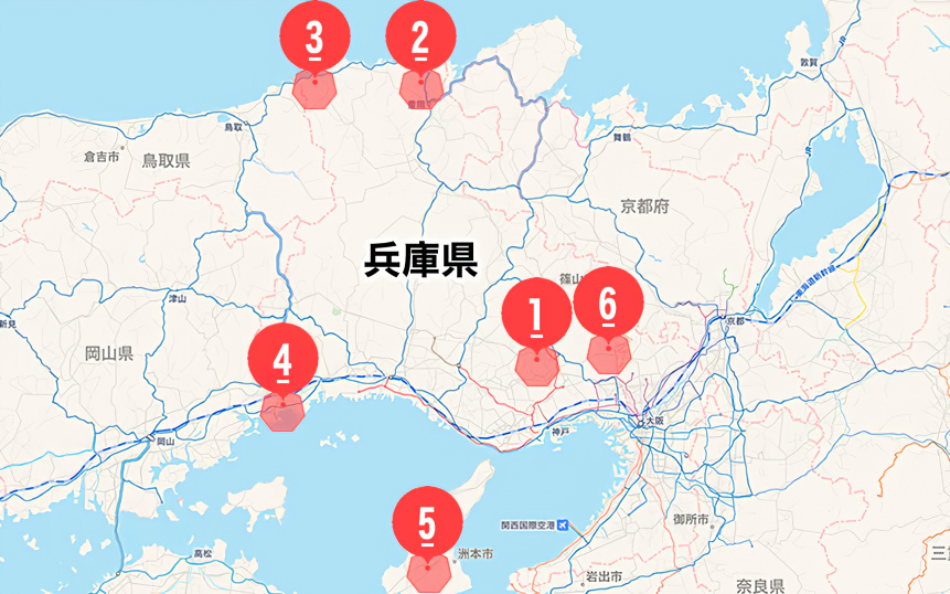 兵庫県 日帰り 温泉 銭湯 全体地図