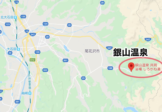 銀山温泉 しろがね湯 日帰り 地図