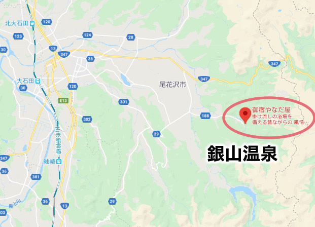 銀山温泉 御宿やなだ屋 日帰り 地図