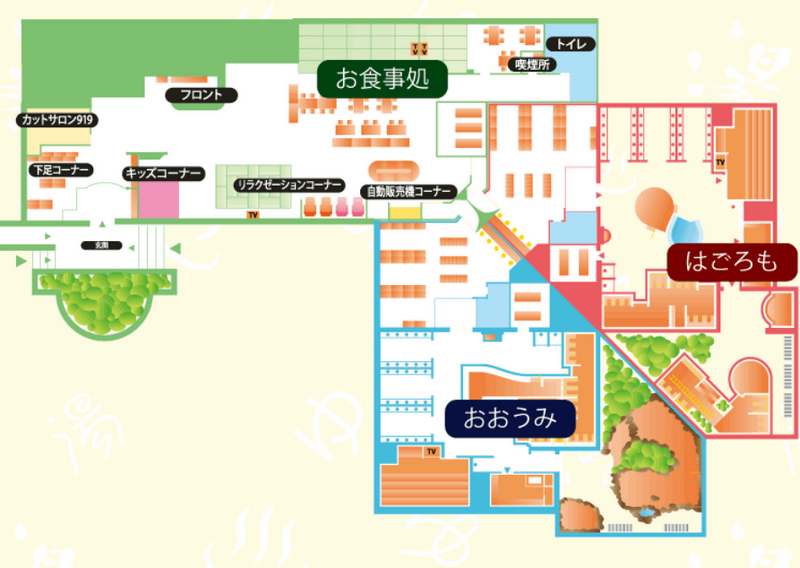 スーパー銭湯 千葉 笑がおの湯千葉寒川店 館内図。1フロアのみで、キッズコーナーや散髪屋もある。